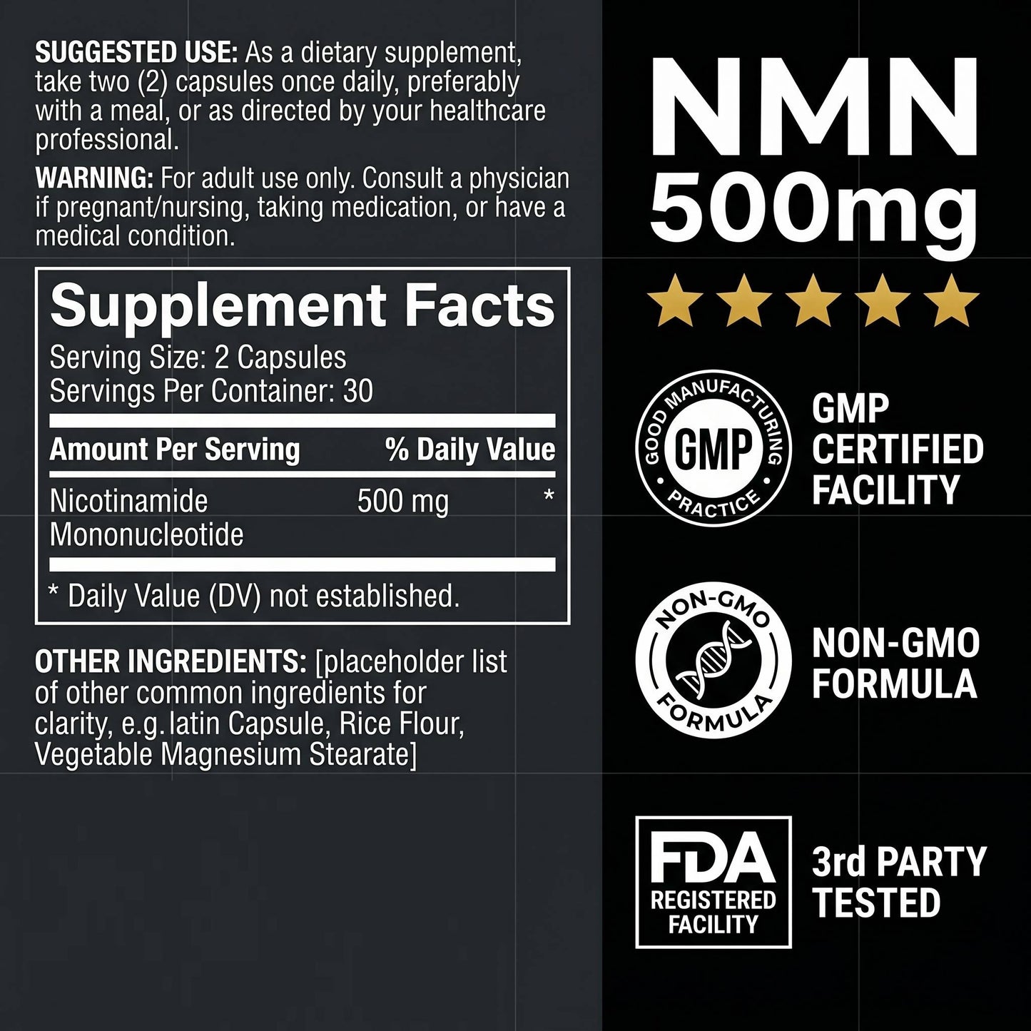 NMN 500mg | High Purity Formula | Dietary Ingredient for Daily Wellness Support